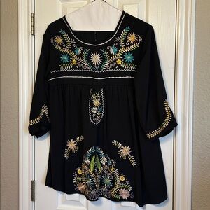 Floral Embroidered Black Blouse